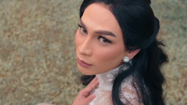 Elegant Woman Dramatic Makeup Posing Outdoors Wearing Lace Dress Earrings — Stock Video