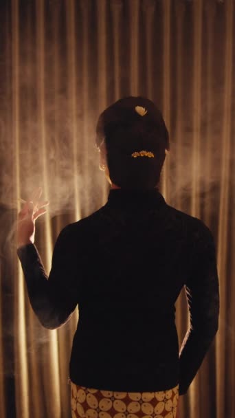 Elegant Woman Silhouette Touching Curtain Intimate Indoor Atmosphere Dark Night — Stock Video