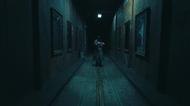 Egy Homályos Hátborzongató Folyosón Átsétáló Személy Festményekkel Falakon Titokzatos Hangulatot — Stock videók