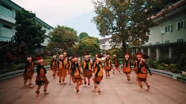 日中の手のジェスチャーで文化舞踊を行う伝統的な先住民の服装の人々のグループ — ストック動画
