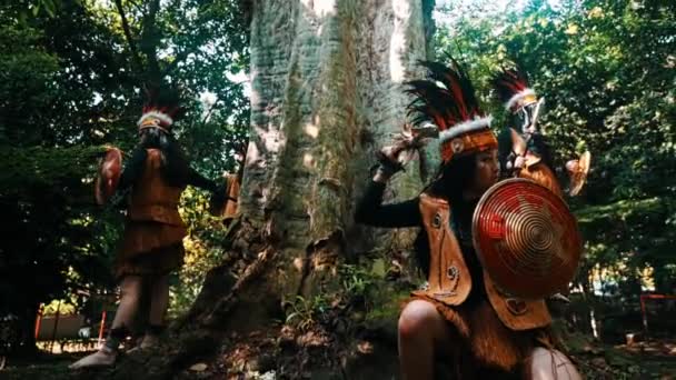Коренные Народы Исполняющие Ритуальный Танец Вокруг Большого Дерева Лесу Утренней — стоковое видео
