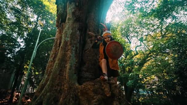 Kalandvágyó Személy Egy Nagy Gyökerén Egy Buja Erdőben Kezében Egy — Stock videók