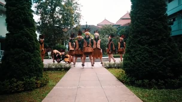 日中は緑色の低木の庭道を歩く伝統的な衣装のパフォーマーのグループ — ストック動画
