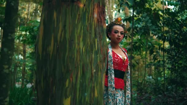 在一片茂密的森林里 身穿鲜红色衣服的神秘女子 在清晨散发着一种神秘感和与自然的联系 — 图库视频影像