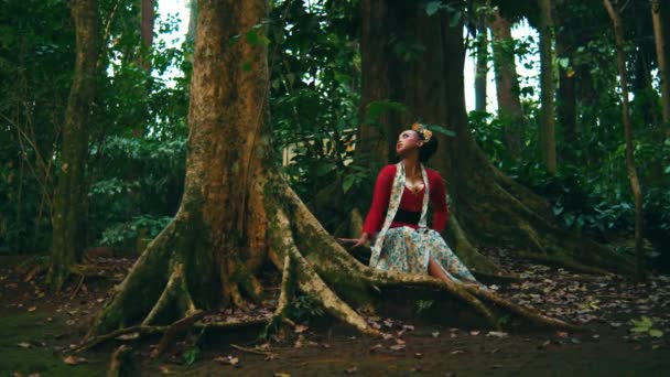 穿着红色上衣的女人坐在茂密的绿色森林里 早上带着惊奇的心情往上看 — 图库视频影像