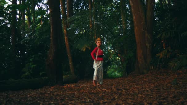 黄昏的时候 一个女人带着冒险和好奇的心情探索森林 在黄昏的时候 她被高大的树木和自然景观环绕着 — 图库视频影像