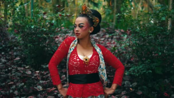 Kobieta Tradycyjnym Stroju Stojąca Lesie Jesiennymi Liśćmi Dzień — Wideo stockowe