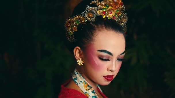 Elegant Woman Traditional Attire Ornate Headdress Posing Dark Background Daylight — Stock Video