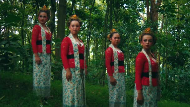 Quatro Mulheres Vestidos Tradicionais Uma Floresta Representando Diversidade Cultural Durante — Vídeo de Stock