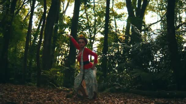 Persona Traje Rojo Tradicional Disfrutando Del Otoño Arrojando Hojas Bosque — Vídeos de Stock