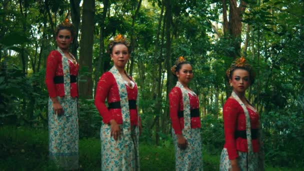 Exposição Quádrupla Uma Mulher Vestido Tradicional Uma Floresta Exuberante Criando — Vídeo de Stock