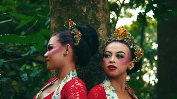 Dançarinos Balineses Tradicionais Trajes Ornamentados Maquiagem Posando Por Uma Árvore — Vídeo de Stock