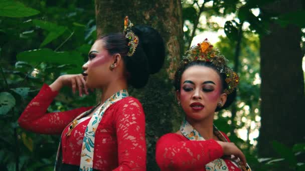 Due Donne Abbigliamento Tradizionale Posa Artisticamente Ambiente Lussureggiante Foresta Mattino — Video Stock
