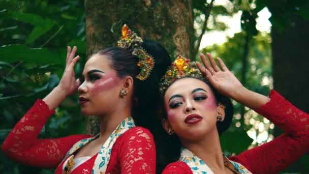 木の装束を飾る伝統的なバリのダンサーは 朝の間に文化的な美しさを示しています — ストック動画