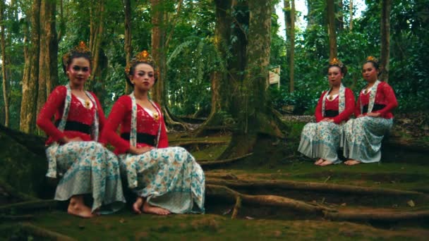 Cztery Kobiety Tradycyjnej Sukience Siedzą Spokojnie Bujnym Lesie Rano — Wideo stockowe