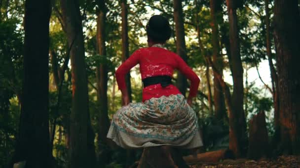 早上穿着传统服装坐在宁静的森林里跳舞的人的背影 — 图库视频影像