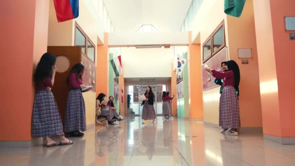 Uczniowie Mundurkach Rozmawiający Czytający Książki Jasno Oświetlonym Korytarzu Szkolnym Szafkami — Wideo stockowe