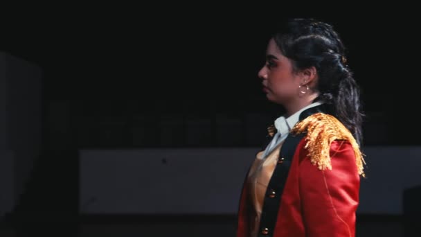 Профіль Жінки Червоній Куртці Золотими Епопеями Темному Тлі Зображує Впевненість — стокове відео
