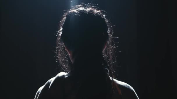 Silhouet Van Een Vrouw Met Gevlochten Haar Tegen Een Donkere — Stockvideo