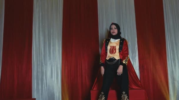 Stylish Woman Hijab Posing Red Drapery Background Fashion Shoot Night — Stock Video