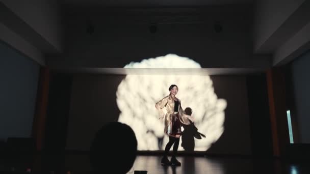 Dansatoare Elegantă Poziție Veselă Lumina Reflectoarelor Fundal Întunecat Umbre Artistice — Videoclip de stoc