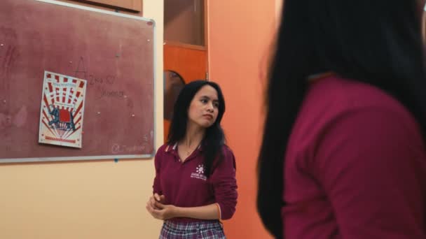 Teenage Girl School Uniform Standing Thoughtfully Classroom Vibrant Walls Educational — Stock Video
