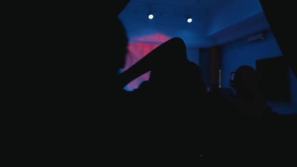 Siluetas Audiencia Viendo Intérprete Escenario Con Iluminación Colorida Durante Noche — Vídeo de stock