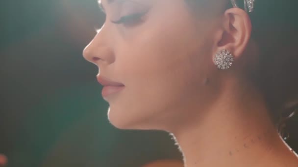 Mulher Elegante Aplicando Maquiagem Com Pincel Expressão Focada Serena Iluminação — Vídeo de Stock