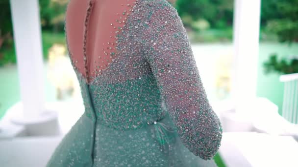 Elegant Woman Glittery Green Dress Focus Sleeve Detail Blurred Background — Stock Video