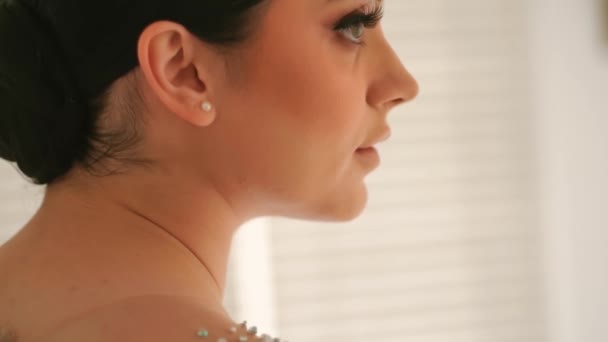 Profilo Una Giovane Donna Con Acconciatura Elegante Messa Fuoco Morbida — Video Stock