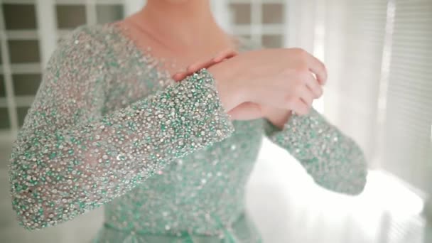 Woman Glittery Dress Covering Her Face Her Hand Soft Focus — Stock Video