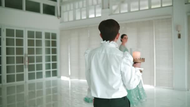 Elegant Couple Dancing Bright Modern Room Large Windows Minimalist Decor — Stock Video
