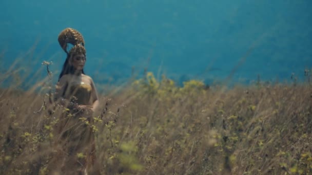 Etnisk Kvinna Traditionell Klädsel Står Ett Fält Med Ett Fridfullt — Stockvideo