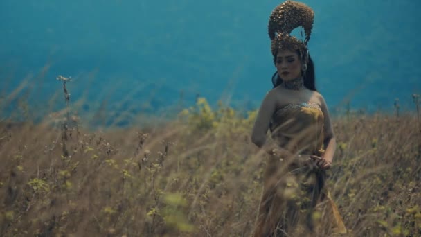 Ballerino Tradizionale Abiti Etnici Esibendosi Paesaggio Naturale Con Montagne Blu — Video Stock