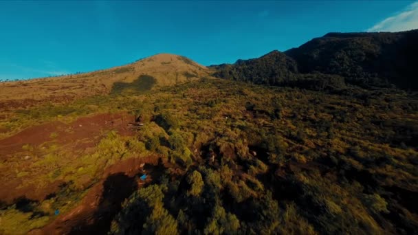在空中俯瞰崎岖的山景 阳光下绿油油 天空清澈 — 图库视频影像
