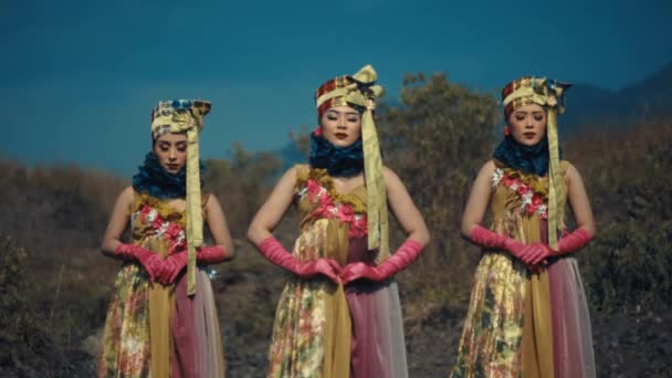 Tres Mujeres Traje Tradicional Con Accesorios Florales Posando Aire Libre — Vídeos de Stock
