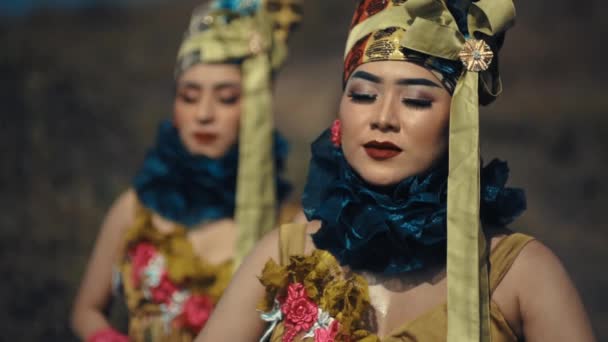デイライト中の前景パフォーマーに焦点を当てた 精巧な衣装とメイクで伝統的なアジアのダンサー — ストック動画