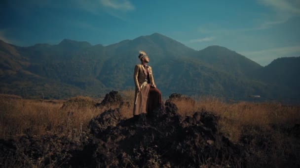 Muž Vinobraní Šaty Stojící Poli Horami Pozadí Denního Světla — Stock video