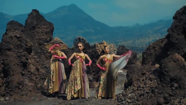 Traditional Dancers Ornate Costumes Performing Volcanic Landscape Morning — Stock Video