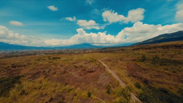 Luftaufnahme Einer Malerischen Landschaft Mit Feldweg Üppigem Grün Und Bergen — Stockvideo