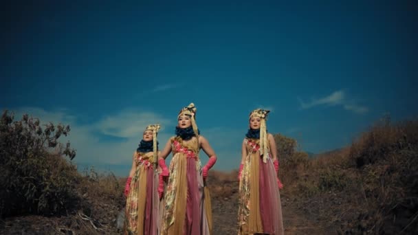 昼間の夕暮れに手を汚した風景に手を握る伝統的なドレスやヘッドピースの3人の女性 — ストック動画