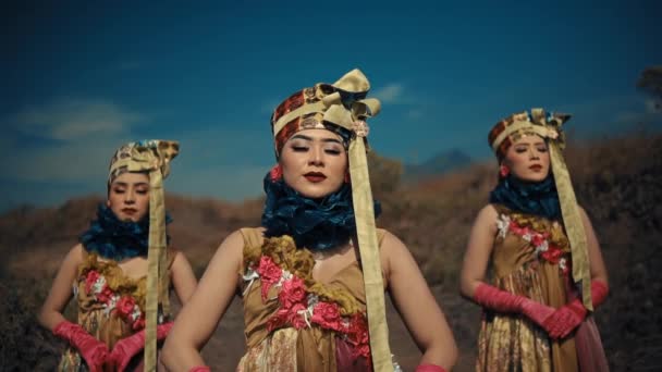 日中の青空にポーズする花の装飾を持つ伝統的な服装の3人の女性 — ストック動画