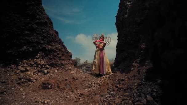 Жінка Елегантній Сукні Позує Міцному Пейзажі Під Час Денного Світла — стокове відео