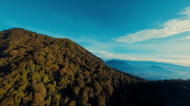 Arkasında açık mavi gökyüzü olan yemyeşil bir orman dağının havadan görünüşü..