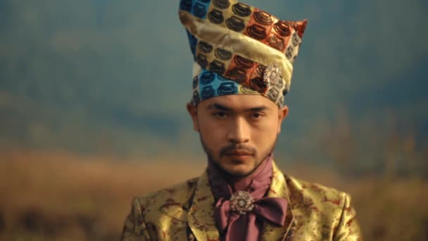 Portrait Man Traditional Royal Attire Ornate Headdress Symbolizing Cultural Heritage — Stock Video