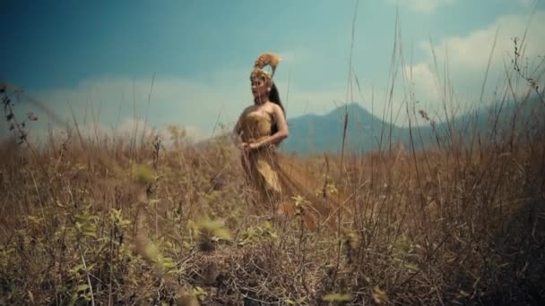 Elegancka Kobieta Złotej Sukience Nakryciu Głowy Stojąca Polu Górami Tle — Wideo stockowe