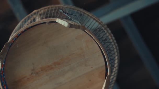 Empty Wooden Bowl Woven Details Rustic Wood Surface Daylight — Stock Video