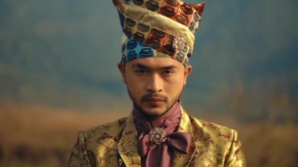 Portrait Man Regal Attire Ornate Crown Exuding Sense Royalty Tradition — Stock Video