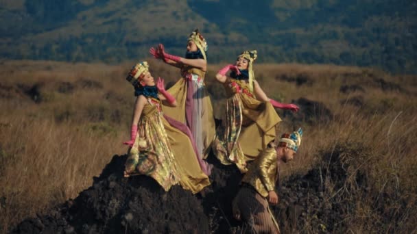 Grupa Ludzi Tradycyjnych Kostiumach Pozujących Naturalnym Krajobrazie Ciągu Dnia — Wideo stockowe