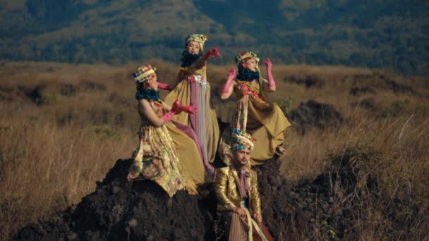 夕暮れの自然の風景でダンスをする伝統的な服装の人々のグループ — ストック動画